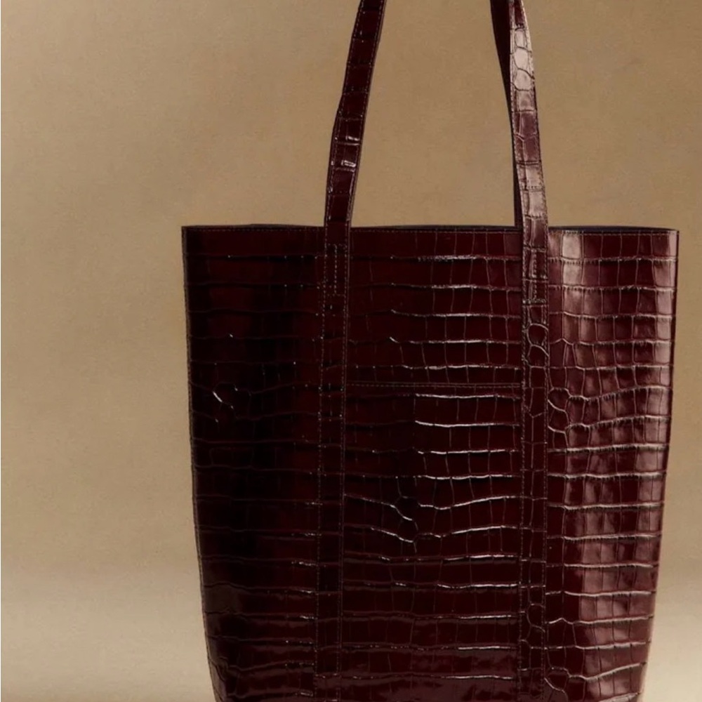 Sezane Croc-Embossed Leather Tote in Deep Burgundy - Picture 2 of 6